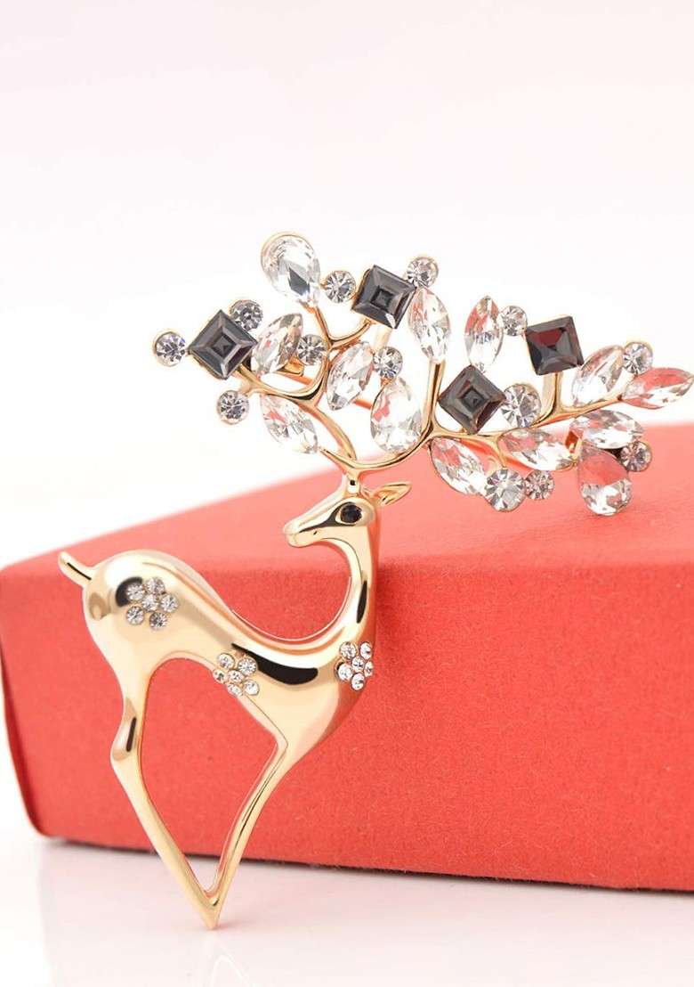 Women Gold Toned Stone Studded Deer Shaped Brooch - Indya