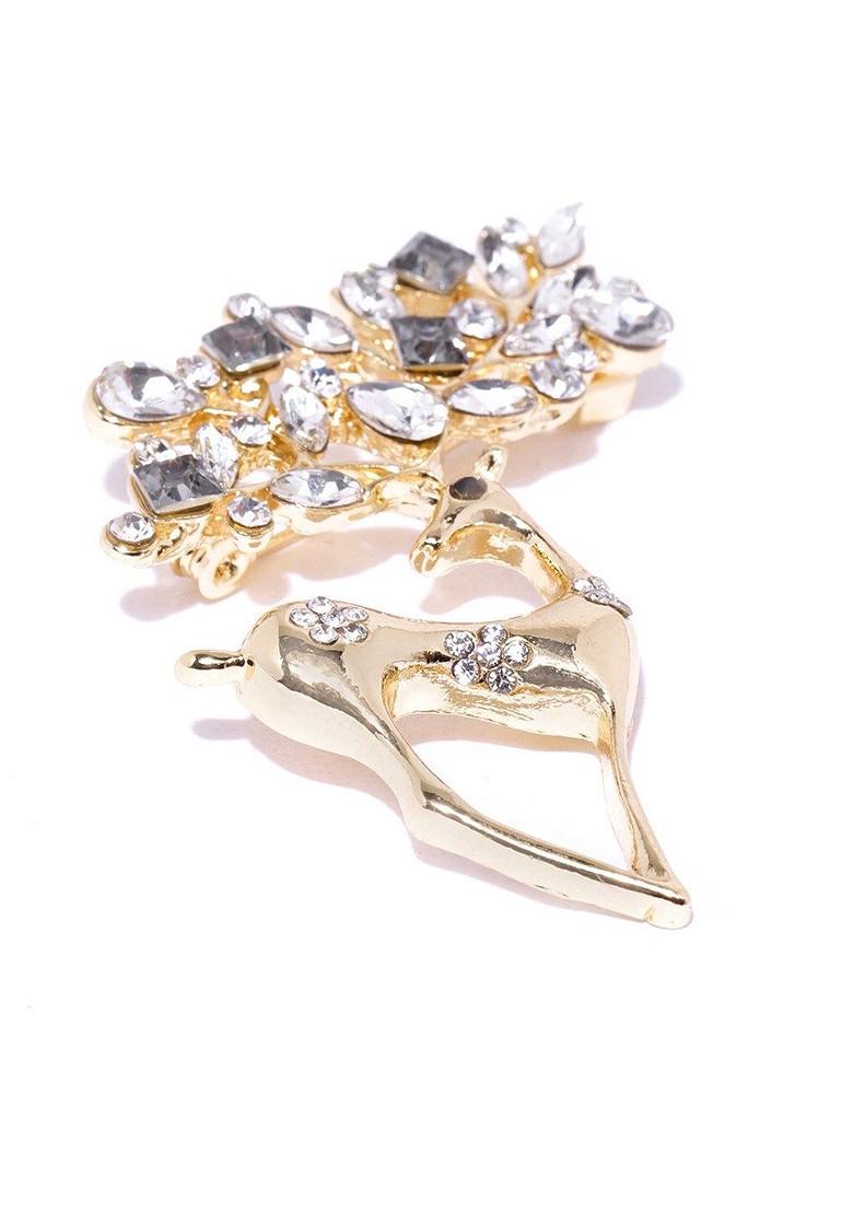 Women Gold Toned Stone Studded Deer Shaped Brooch