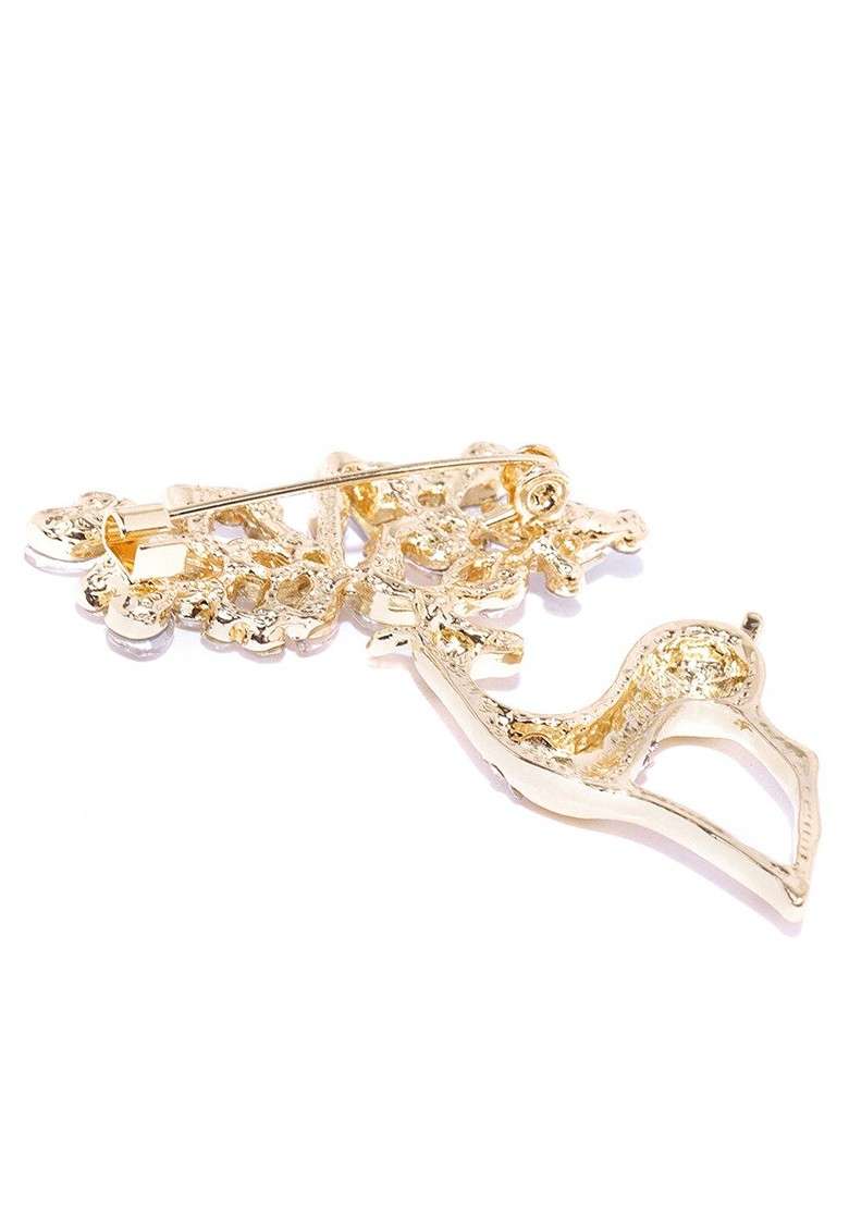 Women Gold Toned Stone Studded Deer Shaped Brooch - Indya