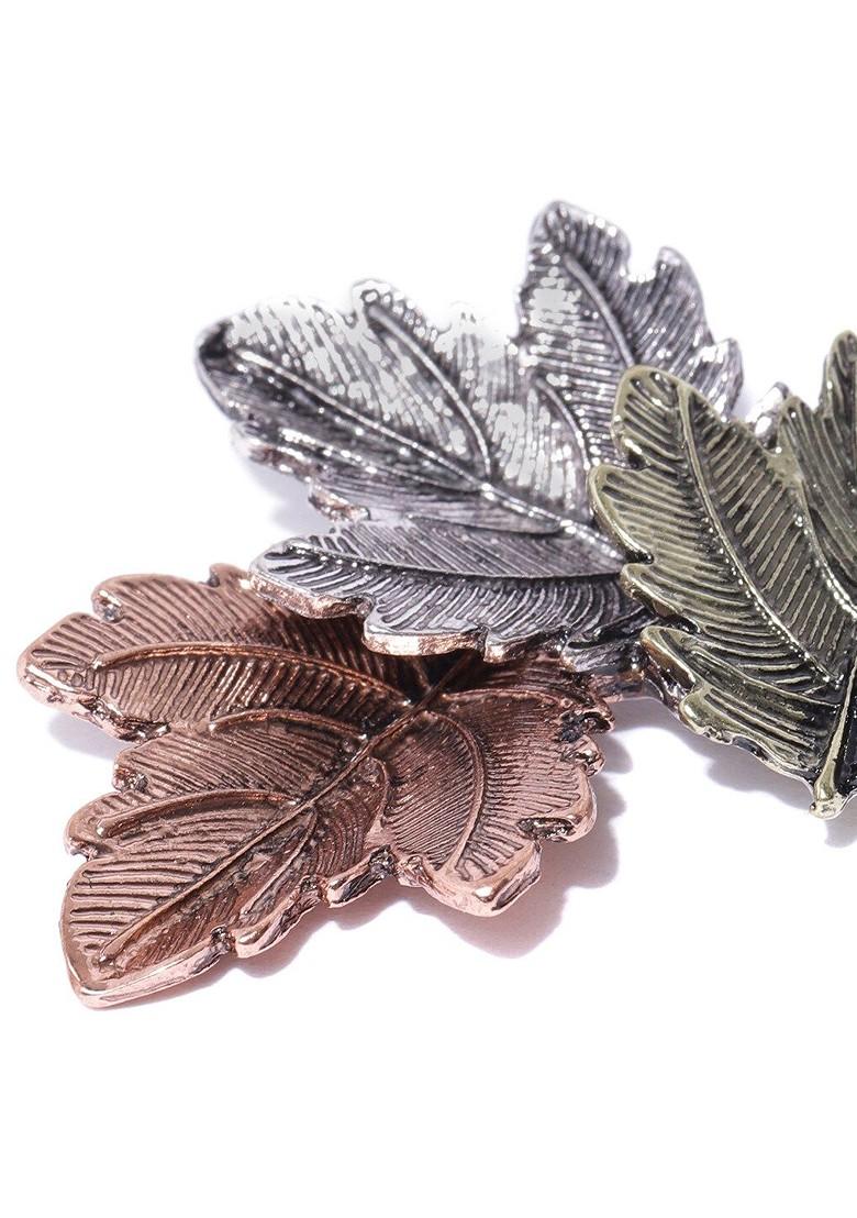 Women Silver Toned Rose Gold Toned Leaf Shaped Brooch