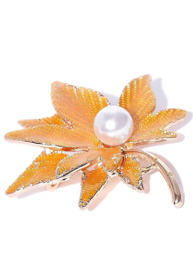 Women Mustard Yellow Off White Beaded Leaf Shaped Brooch - Indya