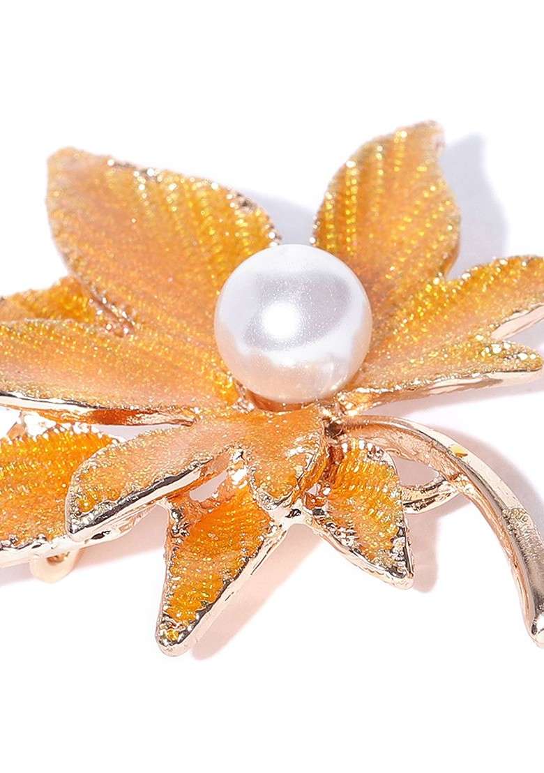 Women Mustard Yellow Off White Beaded Leaf Shaped Brooch - Indya