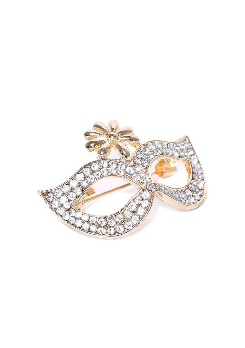 Women Gold Plated Stone Studded Mask Shaped Brooch - Indya