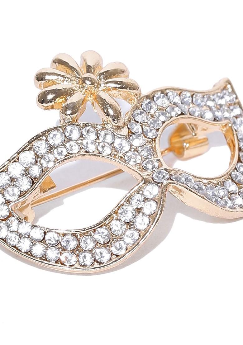 Women Gold Plated Stone Studded Mask Shaped Brooch