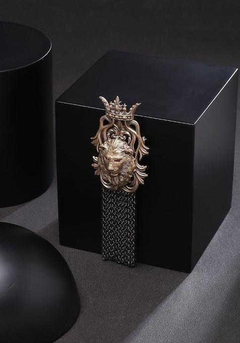 Men Gold Toned Red Stone Studded Majestic Lion Brooch