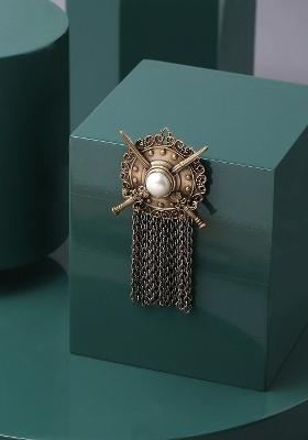 Men Copper Toned White Beaded The Shield Statement Brooch