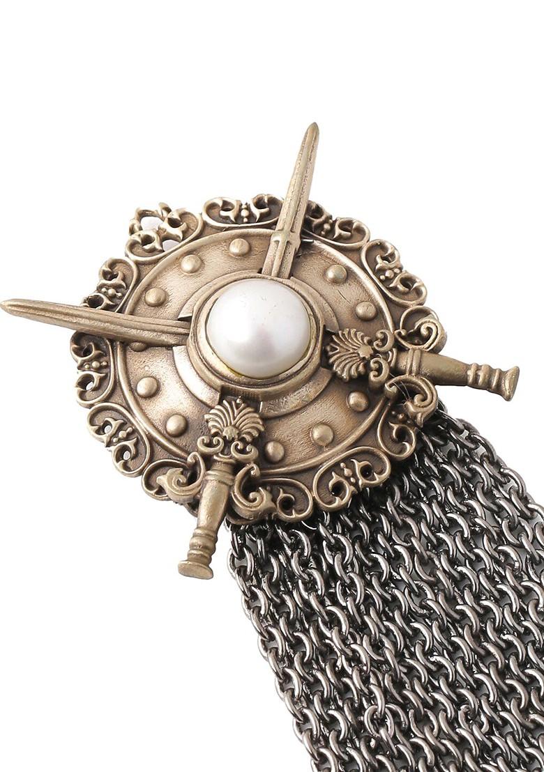 Men Copper Toned White Beaded The Shield Statement Brooch