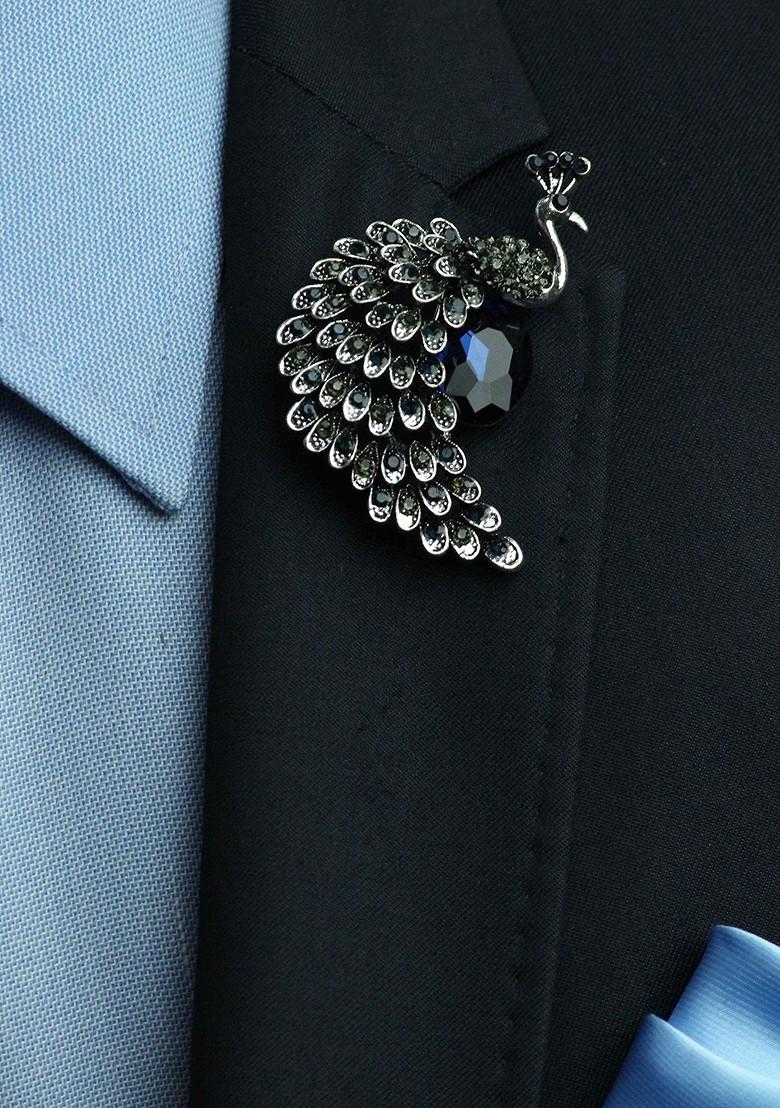 Men Peacock Charm Stone Studded Brooch
