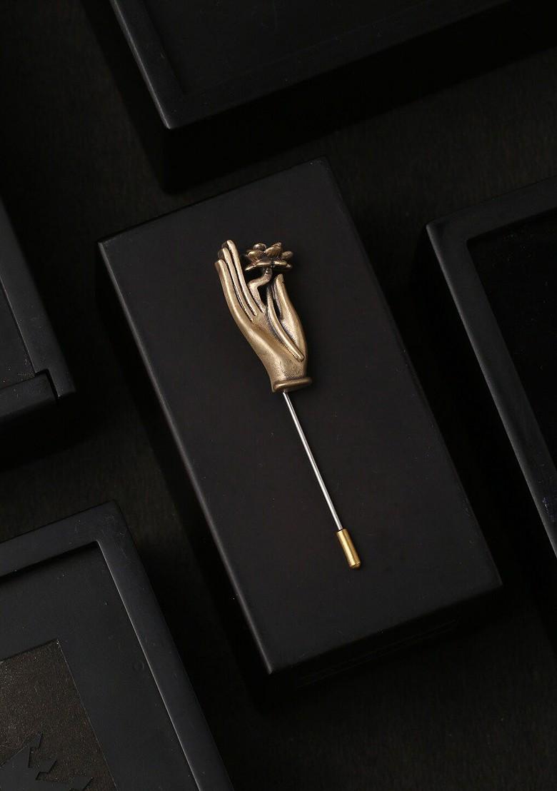 Men Antique Gold Toned The Lotus Hand Shaped Statement Brooch