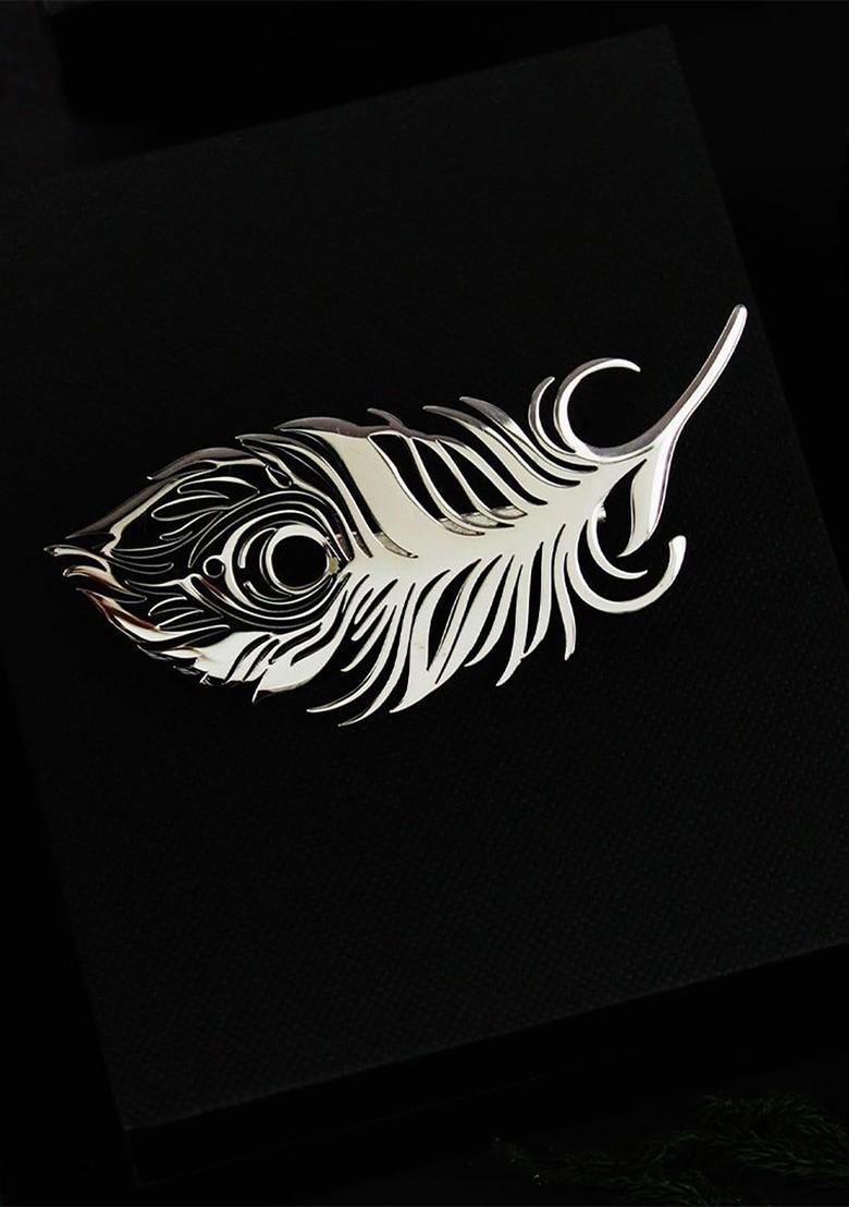 Men Peacock Plume Silver Minimal Lapel Pin Brooch