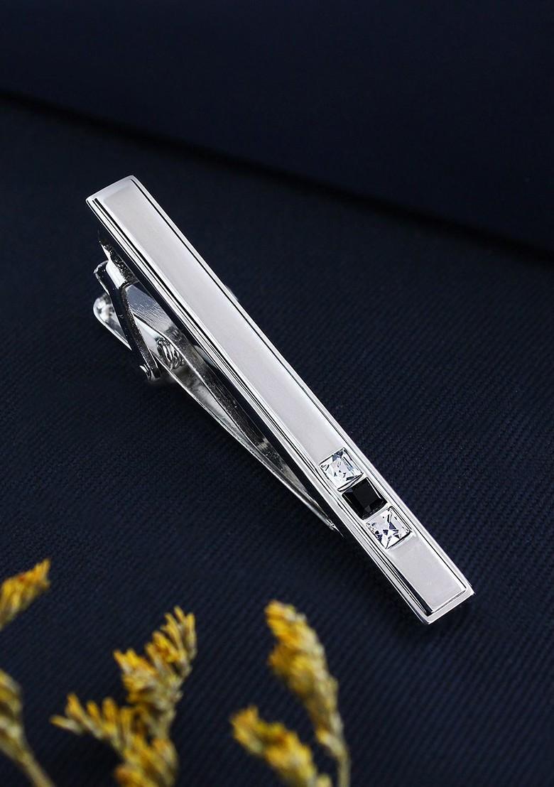 Unisex Silver Toned White The Bling Bar Stone Studded Tie Pin