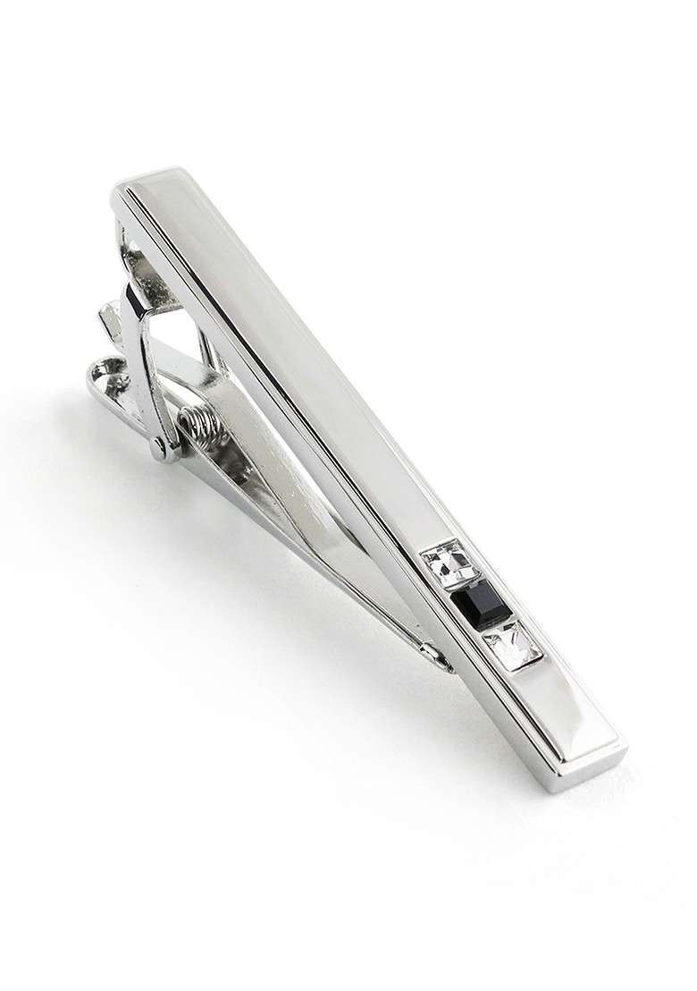 Unisex Silver Toned White The Bling Bar Stone Studded Tie Pin - Indya
