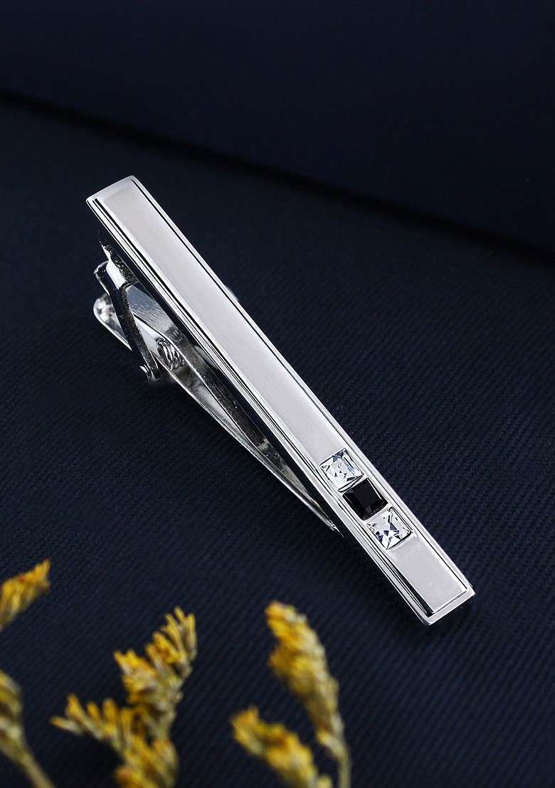 Unisex Silver Toned White The Bling Bar Stone Studded Tie Pin - Indya