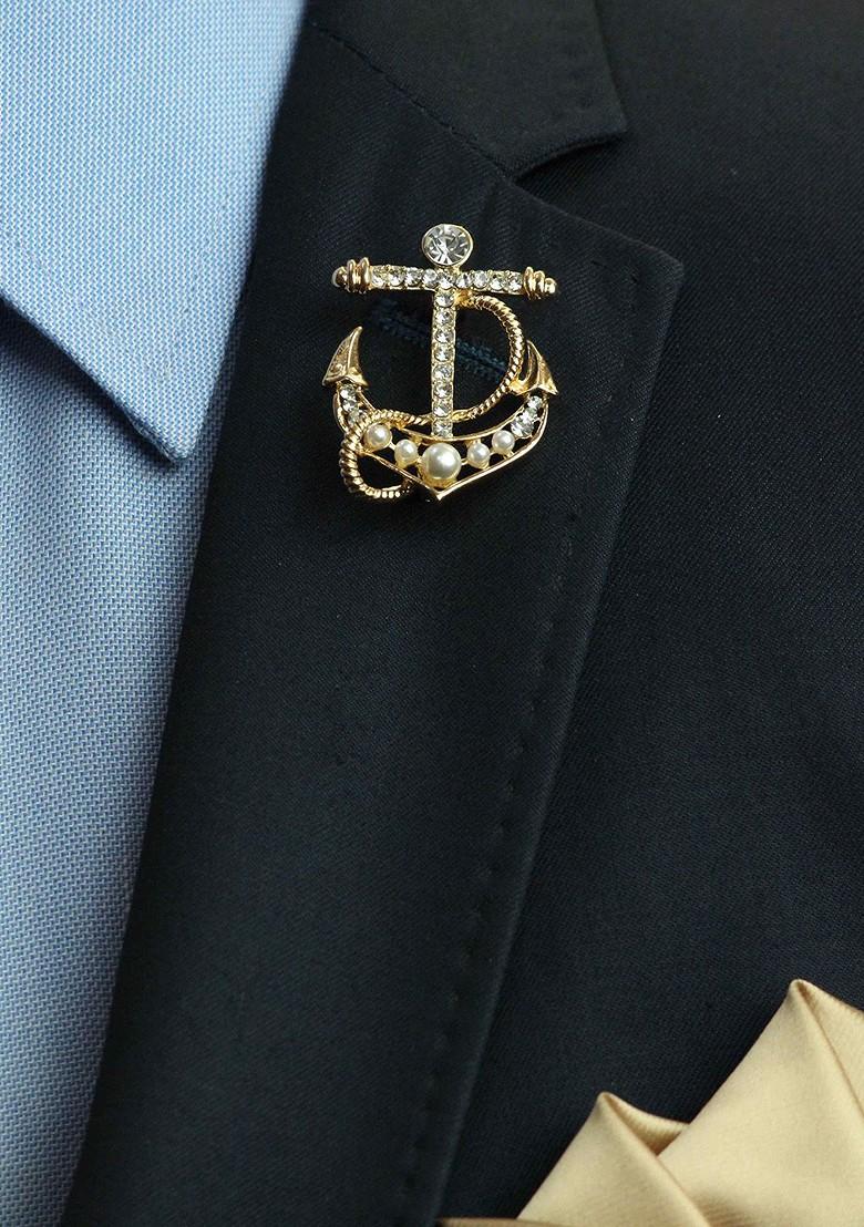 Men Stone Studded Anchor Charm Brooch