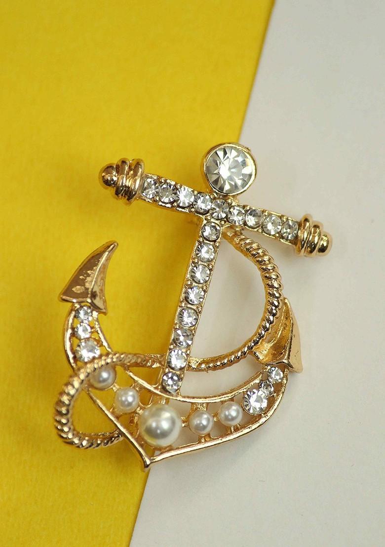 Men Stone Studded Anchor Charm Brooch
