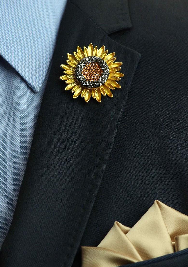 Men Sunflower Charm Stone Studded Brooch