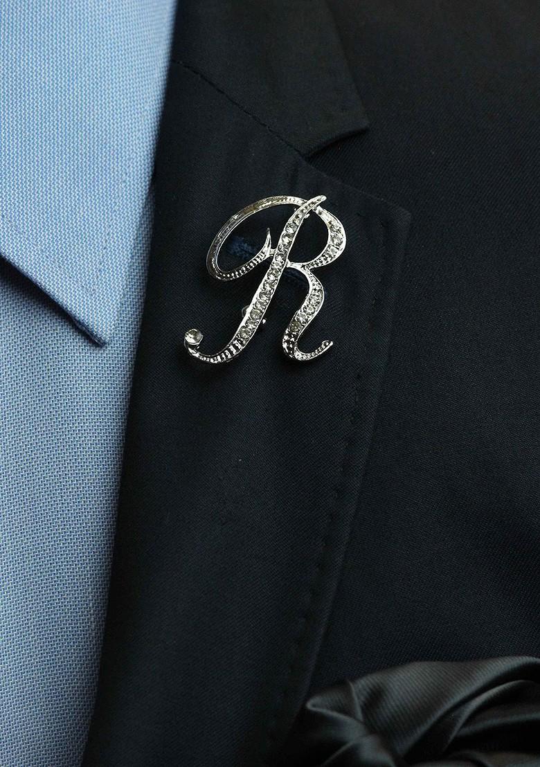 Men Alphabet R Charm Stone Studded Brooch