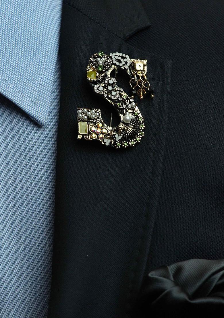Men Alphabet S Stone Studded Brooch