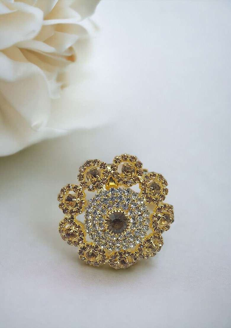 Traditional Gold Plated Stone Studded Embellished Floral Brooch - Indya