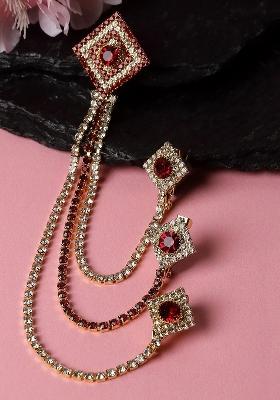 Unisex Gold Toned Maroon Embellished American Diamond Brooch Lapel Pin