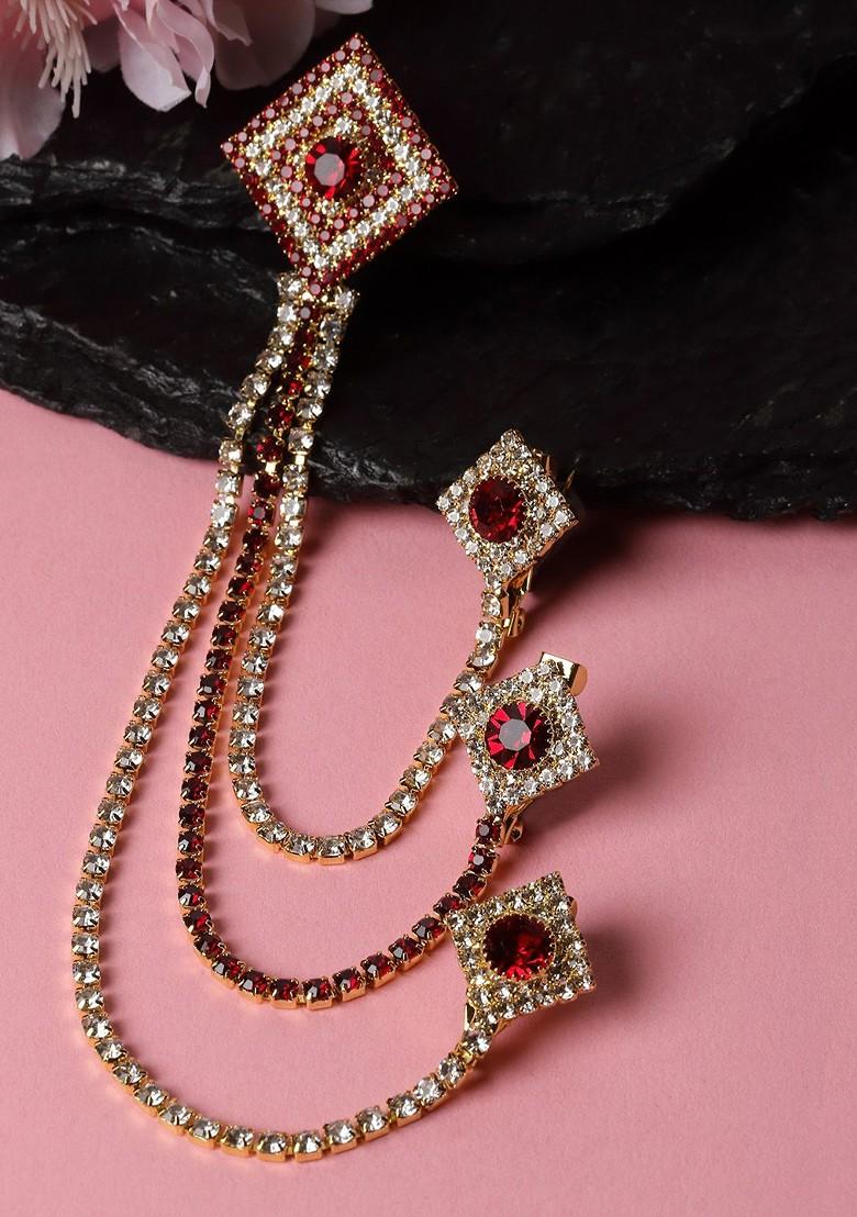 Unisex Gold Toned Maroon Embellished American Diamond Brooch Lapel Pin