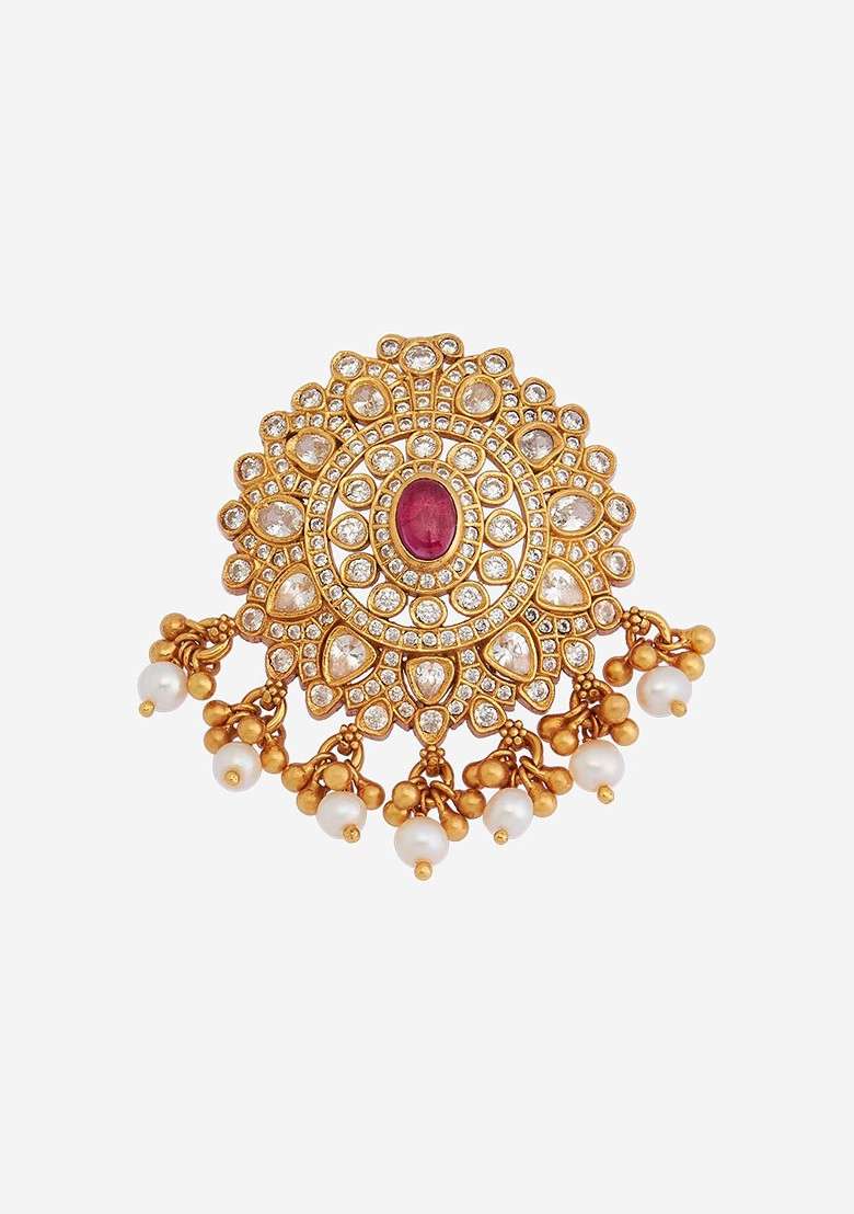 Embellished Bridal 92.5 Silver Gold Plated Beaded Brooch - Indya