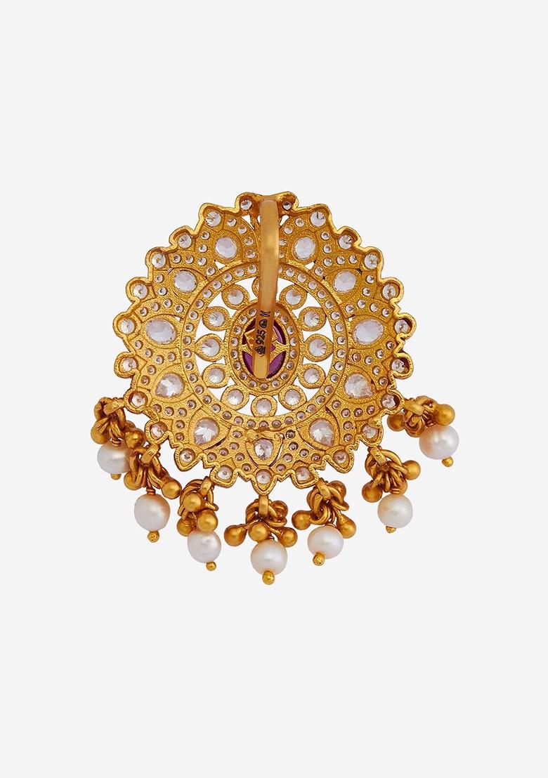 Embellished Bridal 92.5 Silver Gold Plated Beaded Brooch