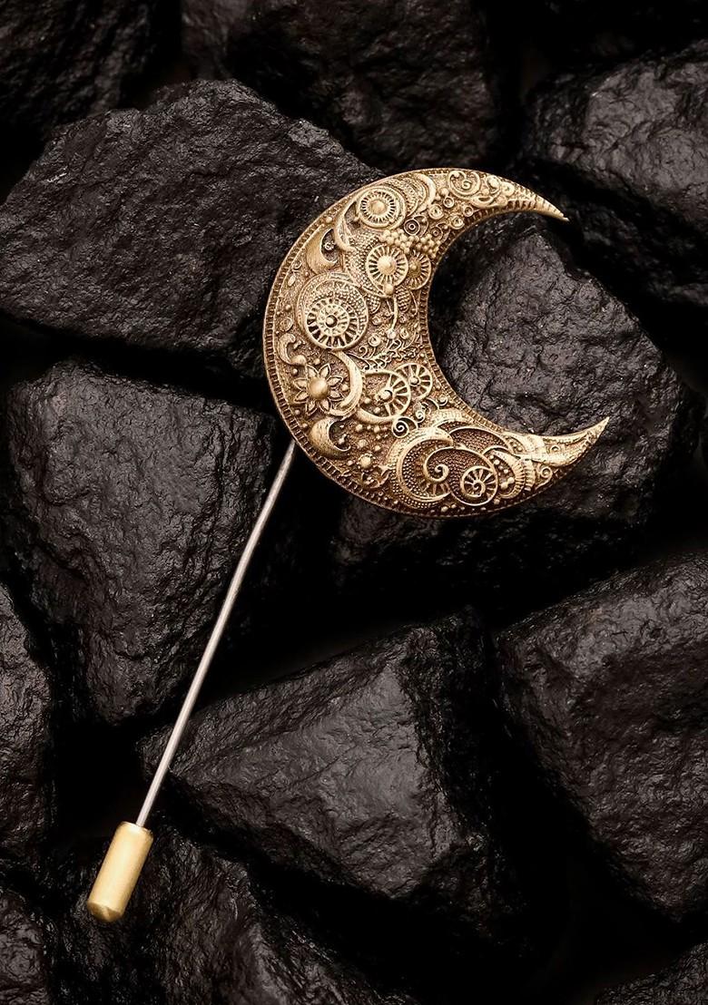 Men Gold Toned Lunar Lapel Pin Brooch