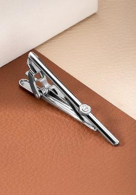 Men Silver Plated Cubic Zirconia Studded Classic Tie Pin Brooch