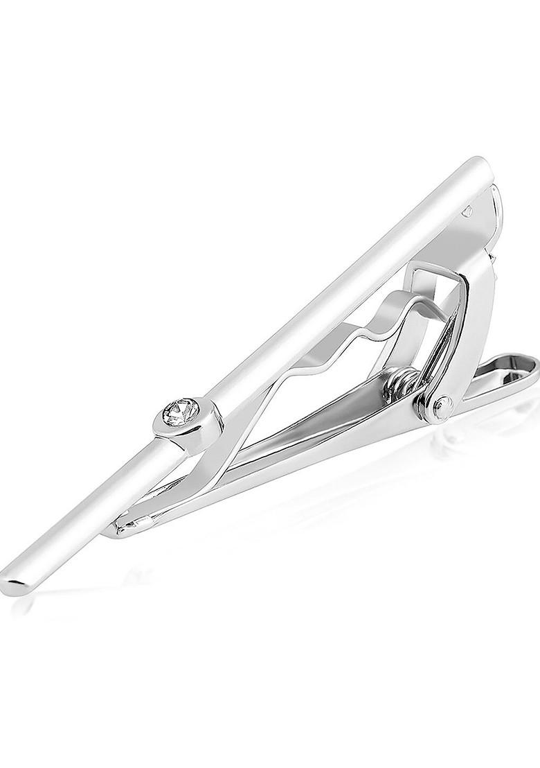 Men Silver Plated Cubic Zirconia Studded Classic Tie Pin Brooch