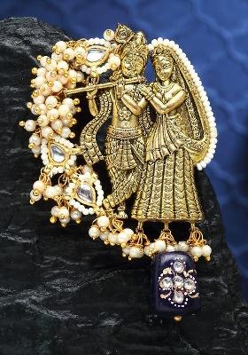 Women Blue Gold Toned Kundan; Pearls; Natural Stones Krishan Brooch