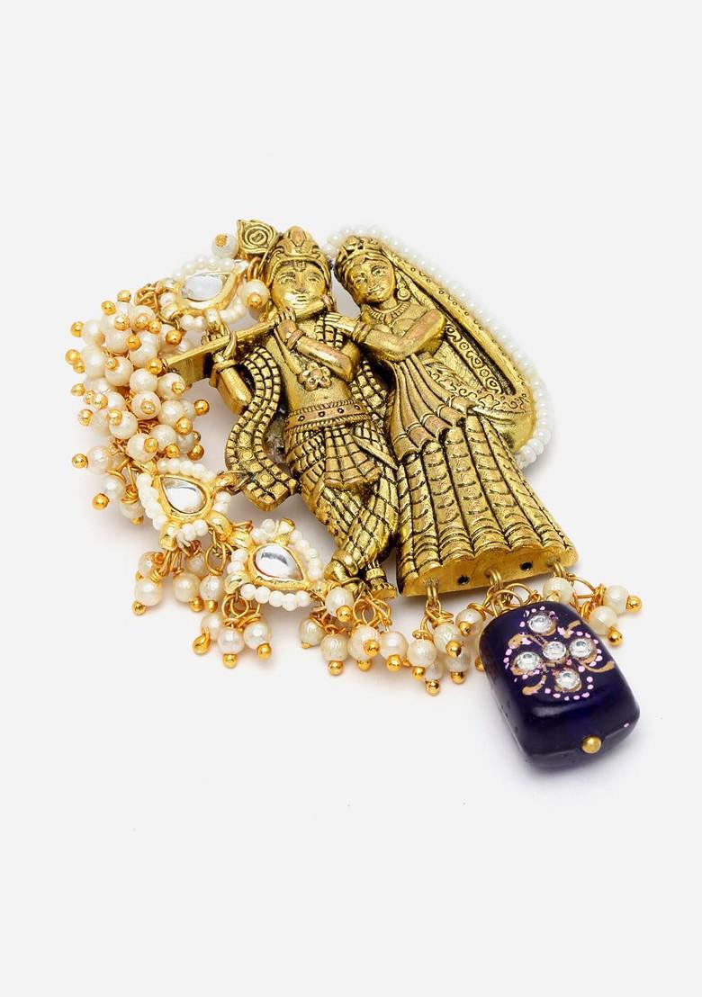 Women Blue Gold Toned Kundan; Pearls; Natural Stones Krishan Brooch
