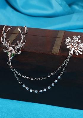 Men Gold Toned Deer And Tree 2 Chains Brooch Lapel Pin For Party Suits