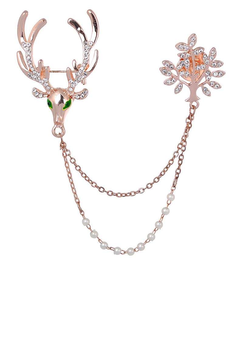 Men Gold Toned Deer And Tree 2 Chains Brooch Lapel Pin For Party Suits - Indya