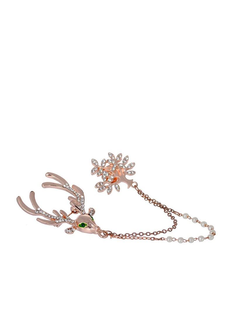 Men Gold Toned Deer And Tree 2 Chains Brooch Lapel Pin For Party Suits