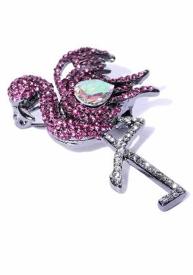 Women Pink Silver Toned Stone Studded Swan Shaped Brooch