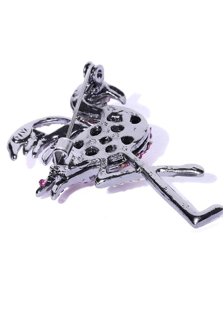 Women Pink Silver Toned Stone Studded Swan Shaped Brooch