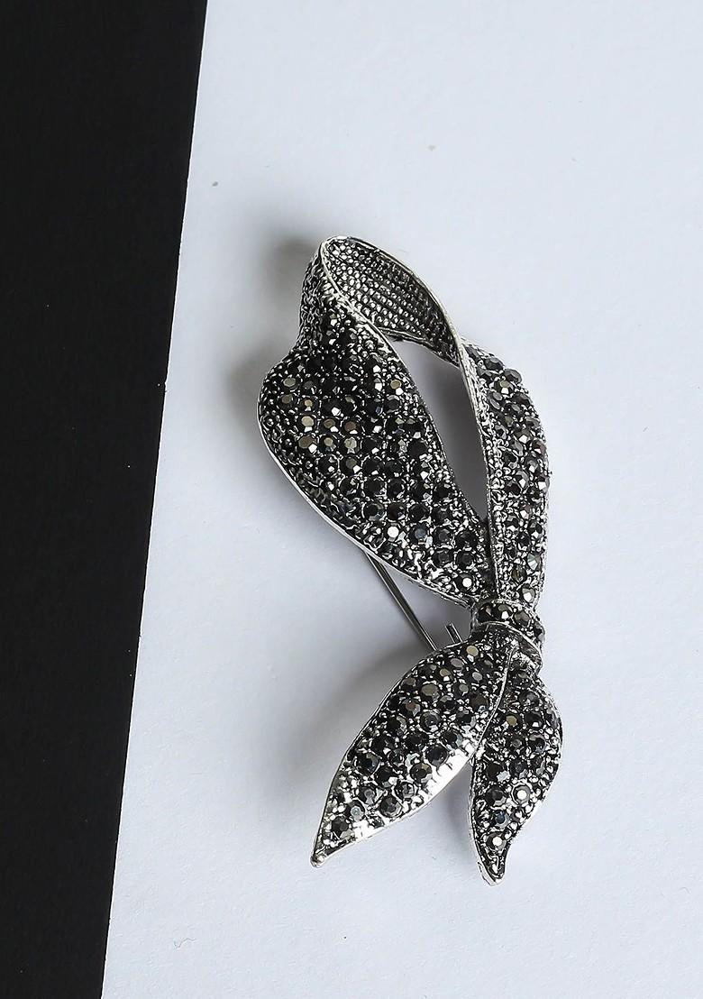 Men Stone Studded Bow Leaf Brooch