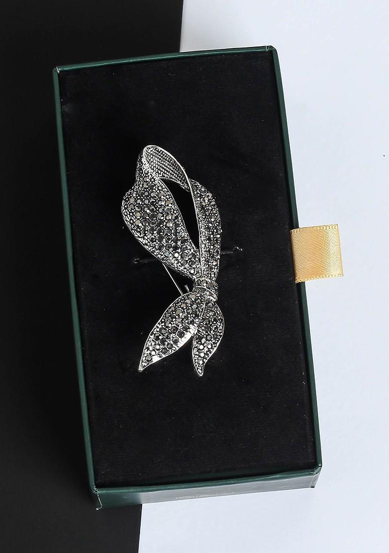 Men Stone Studded Bow Leaf Brooch
