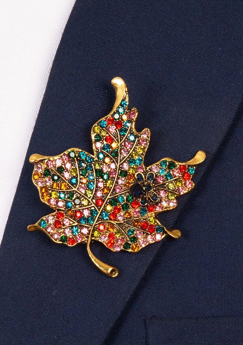 Gold Plated Stone Studded Leaf Brooch