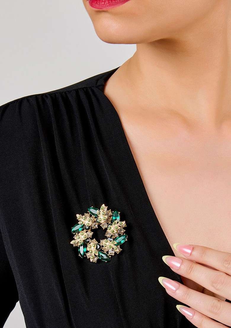 Women Gold Toned Green Stone Studded Brooch - Indya
