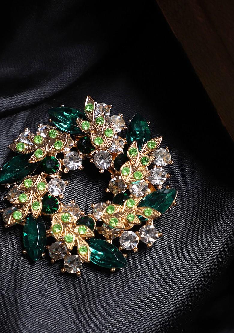 Women Gold Toned Green Stone Studded Brooch