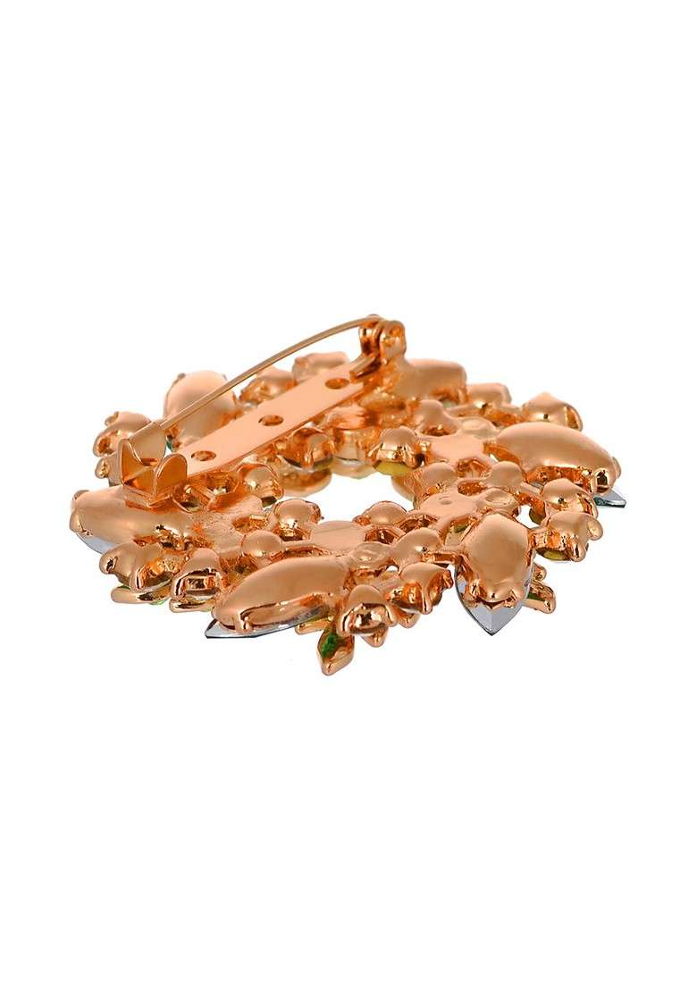 Women Gold Toned Green Stone Studded Brooch - Indya