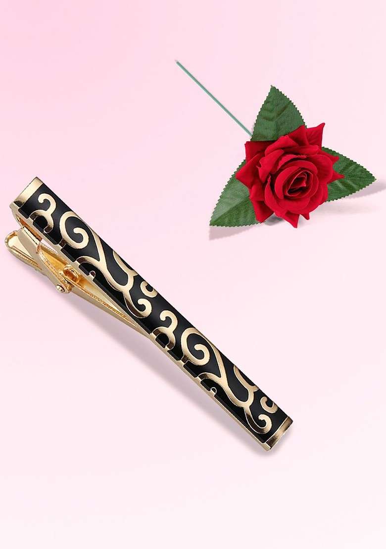Two Tone Textured Minimal Tie Pin With Red Rose - Indya