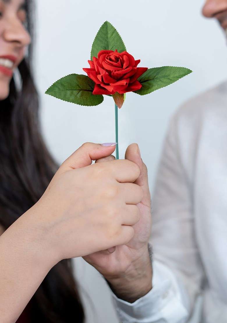Two Tone Textured Minimal Tie Pin With Red Rose - Indya