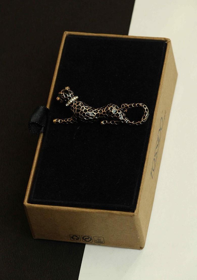 Men Stone Studded Leopard Design Brooch