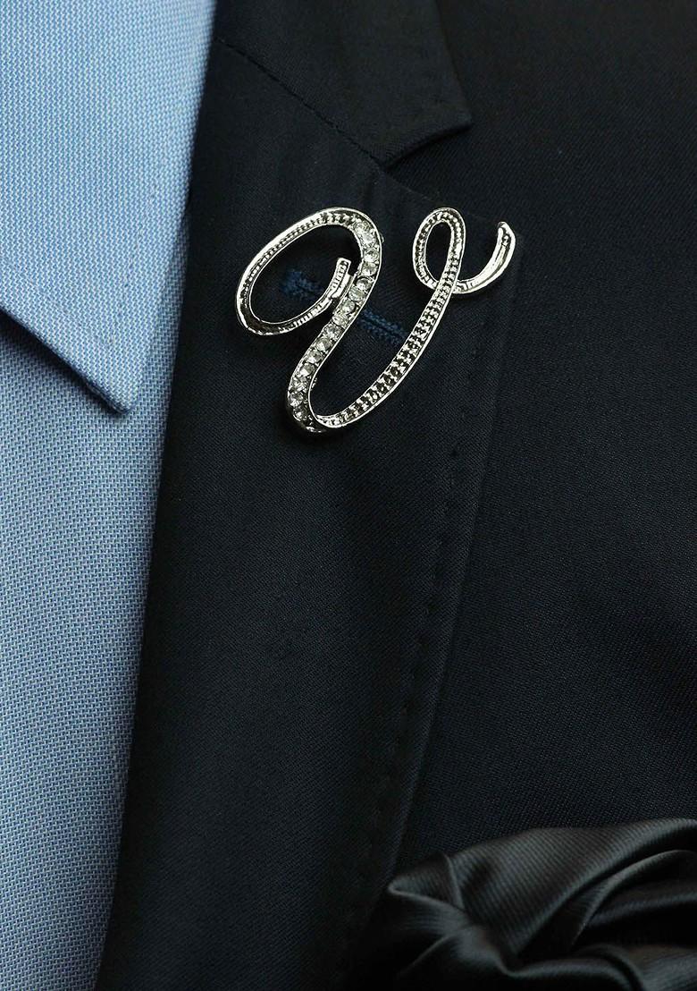 Men Alphabet V Charm Stone Studded Brooch