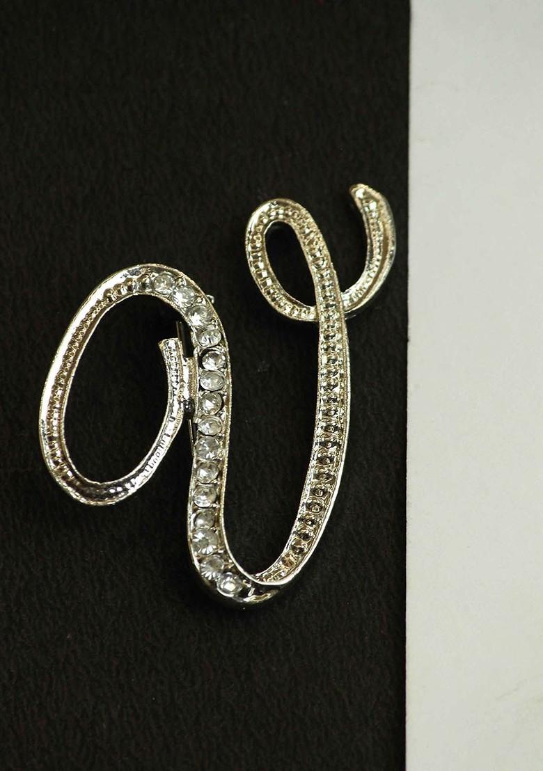Men Alphabet V Charm Stone Studded Brooch