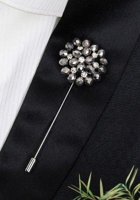 Unisex Silver Crystal Beaded Stone Flower Lapel Pin