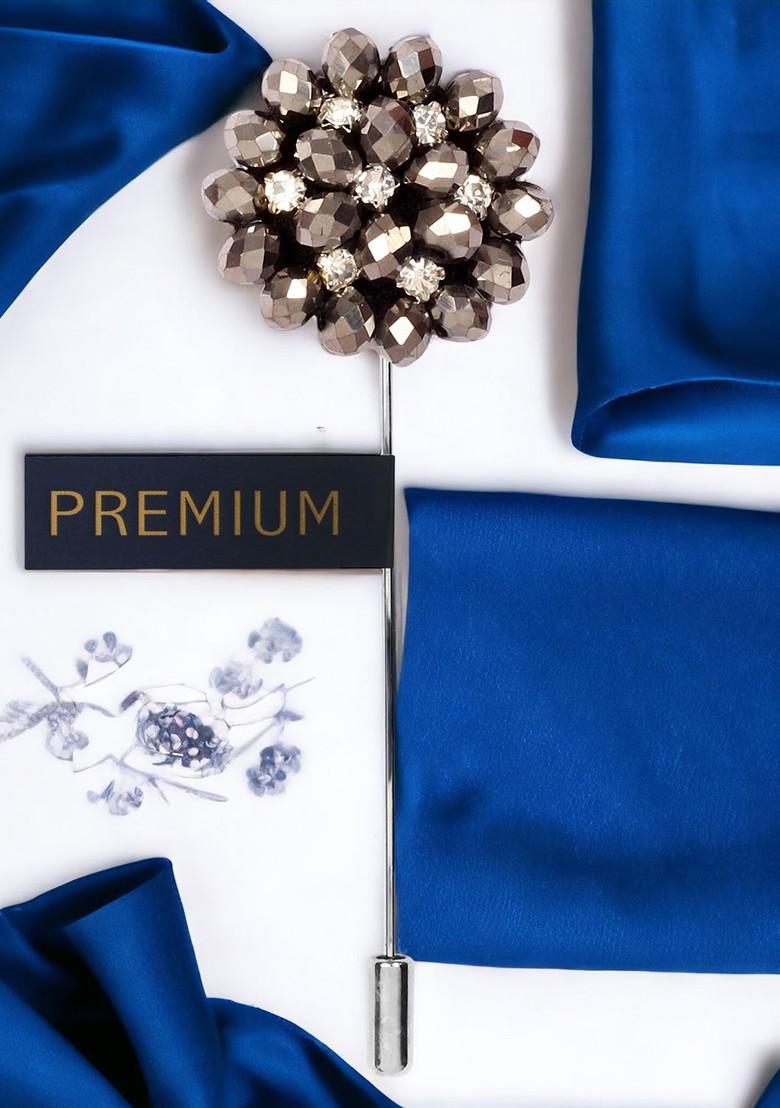 Unisex Silver Crystal Beaded Stone Flower Lapel Pin